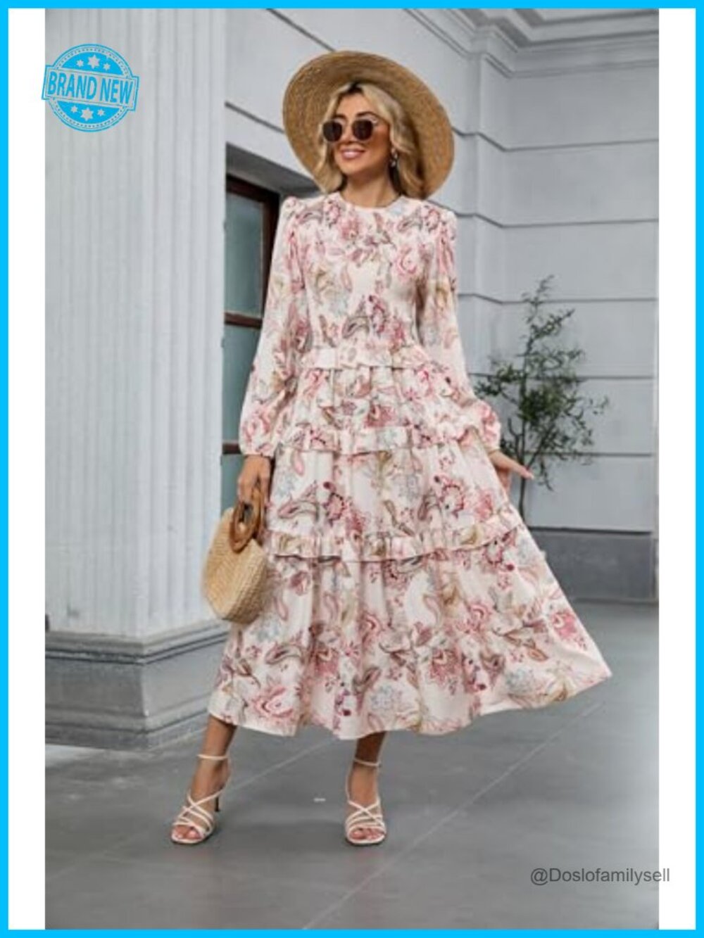 Women's Floral Smocked Maxi Dress Long Puff Sleeve Bohemian Tiered Ruffle - Picture 5 of 7